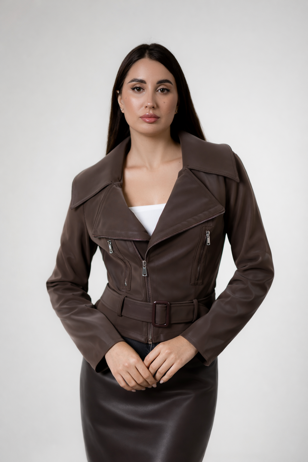 Brown Belted Biker Jacket – Structured Moto Leather Jacket for Women