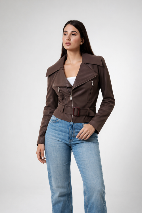 Brown Belted Biker Jacket – Structured Moto Leather Jacket for Women