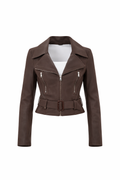 Brown Belted Biker Jacket – Structured Moto Leather Jacket for Women