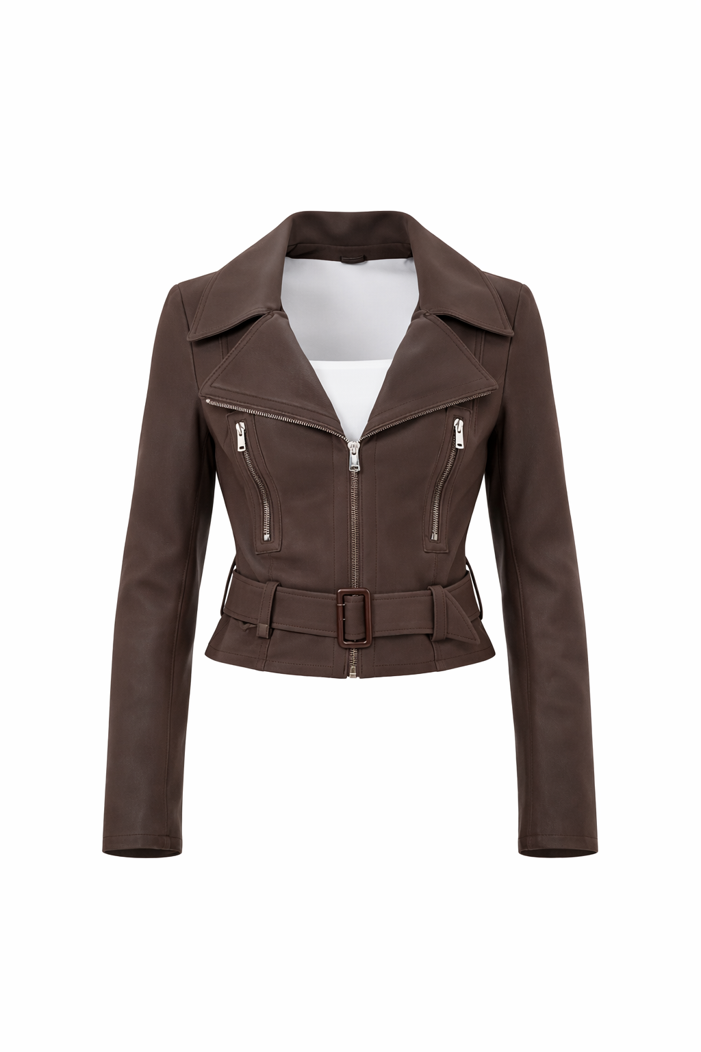Brown Belted Biker Jacket – Structured Moto Leather Jacket for Women