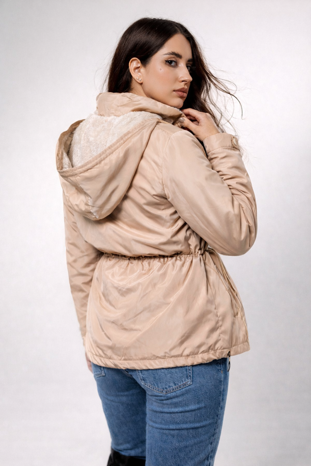 Women’s Waterproof Hooded Jacket – Lightweight Gold Windbreaker with Adjustable Waist
