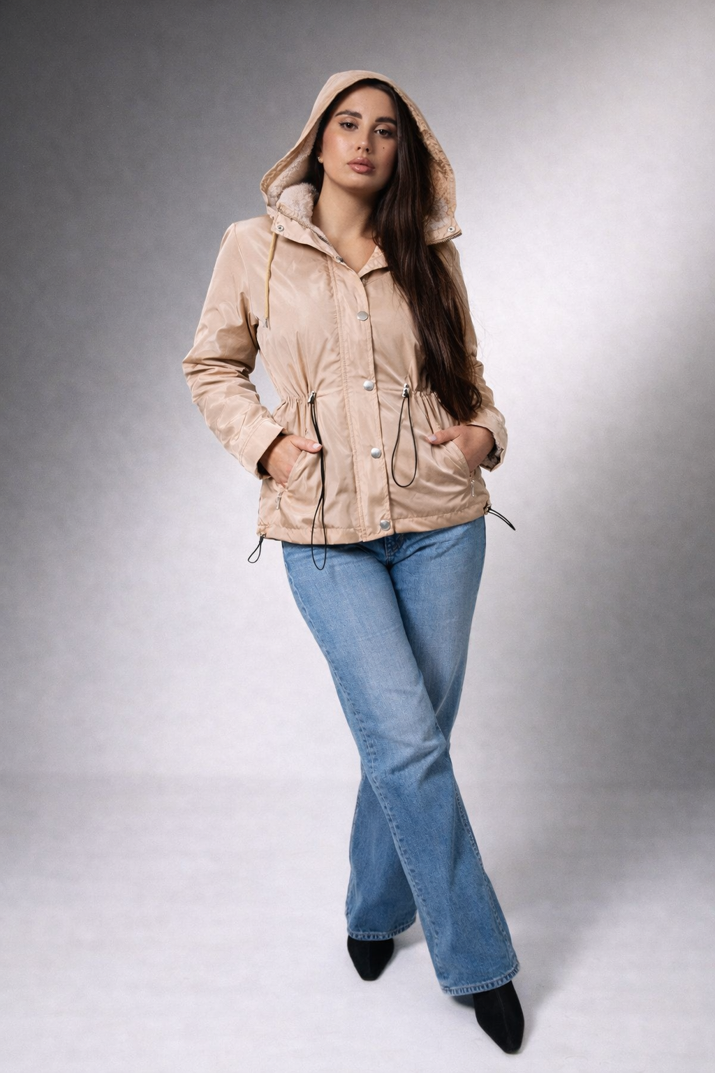 Women’s Waterproof Hooded Jacket – Lightweight Gold Windbreaker with Adjustable Waist