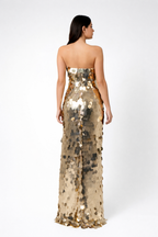 Gold Sequin Strapless Evening Gown – Luxury Metallic Gala Dress with High Slit