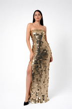 Gold Sequin Strapless Evening Gown – Luxury Metallic Gala Dress with High Slit