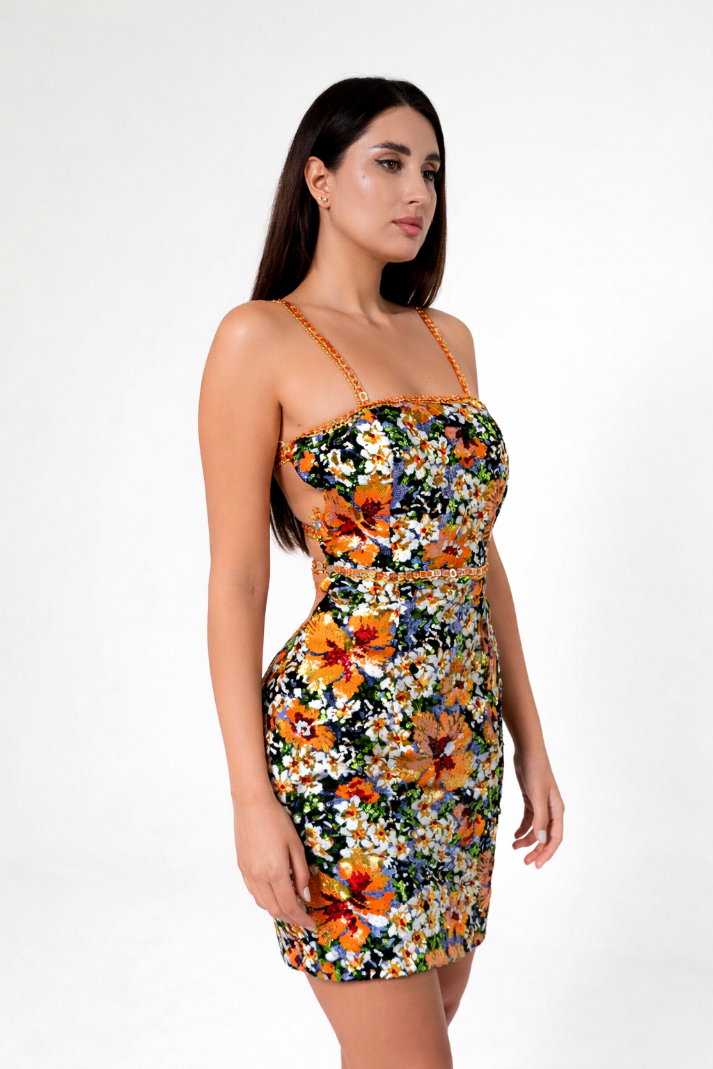 Floral Sequin Embroidered Mini Handmade Dress