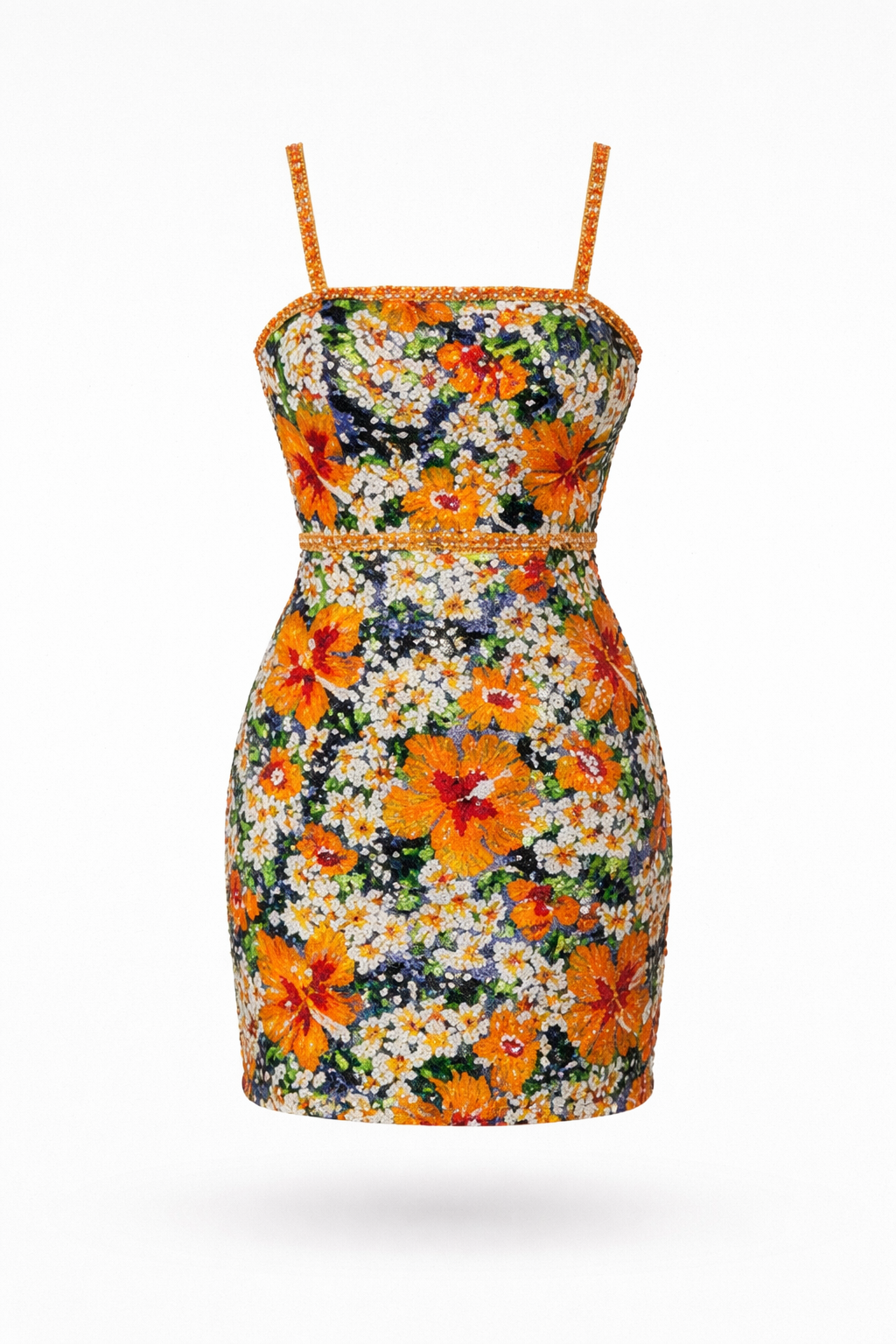 Floral Sequin Embroidered Mini Handmade Dress