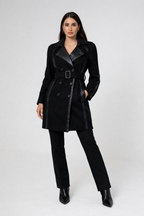 Black Wool Trench Coat with Leather Lapels & Belt – Luxury Tailored Coat
