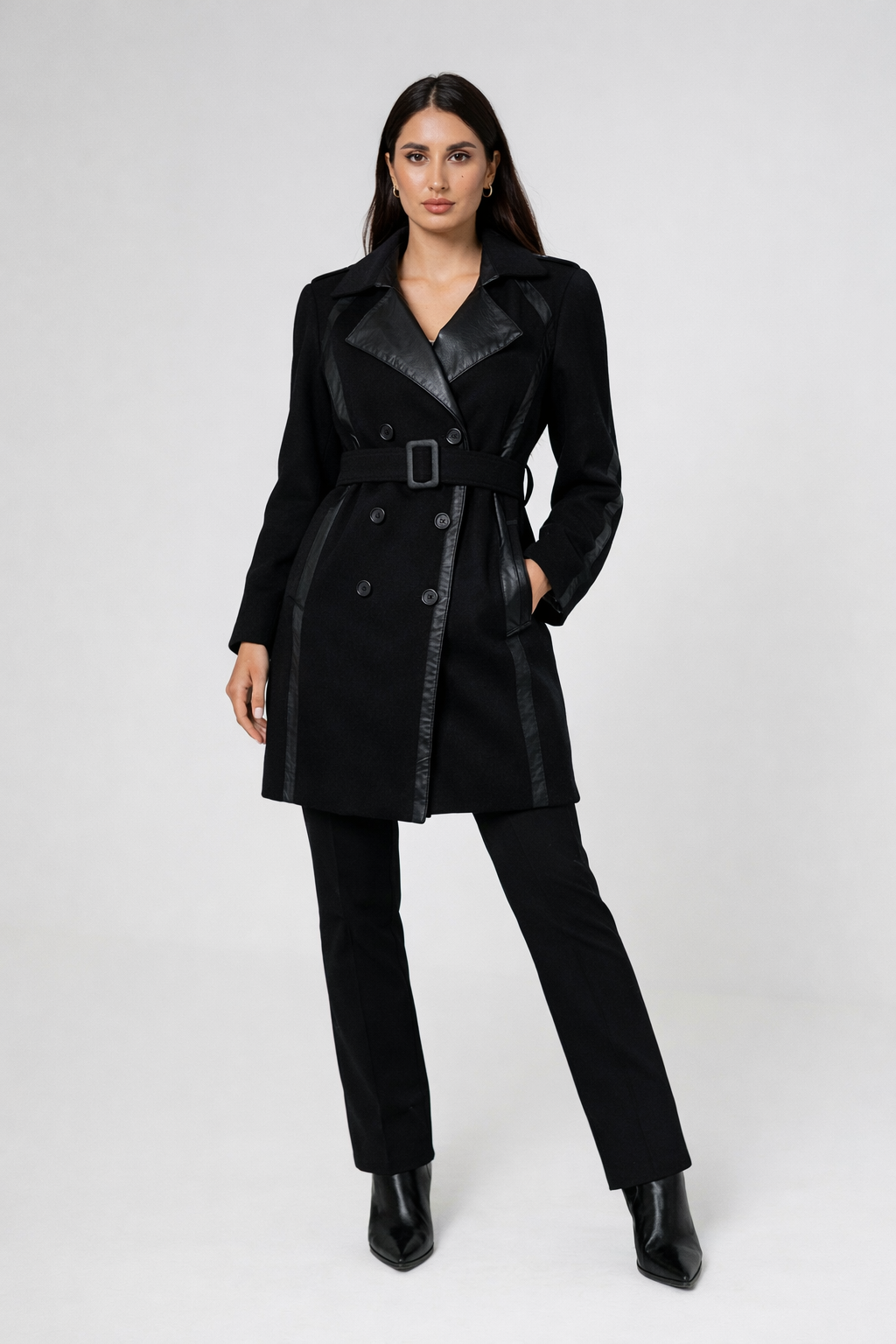 Black Wool Trench Coat with Leather Lapels & Belt – Luxury Tailored Coat