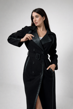 Black Wool Trench Coat with Leather Lapels & Belt – Luxury Tailored Coat