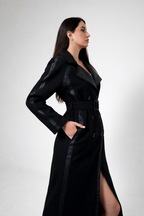 Black Wool Trench Coat with Leather Lapels & Belt – Luxury Tailored Coat