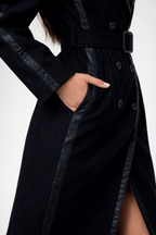 Black Wool Trench Coat with Leather Lapels & Belt – Luxury Tailored Coat
