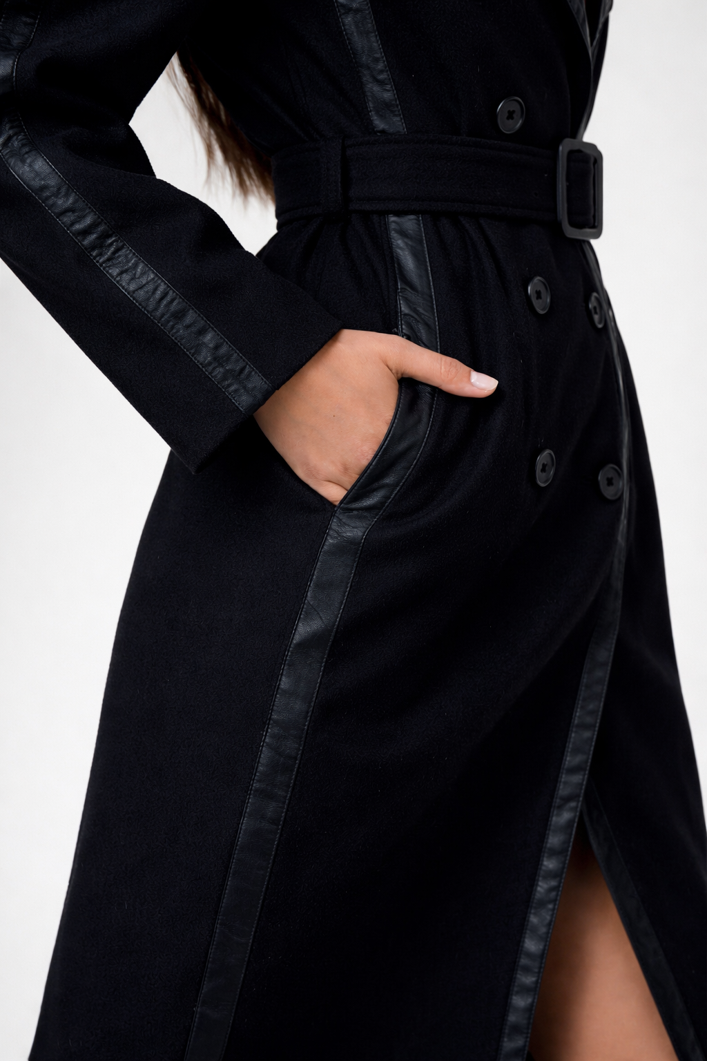 Black Wool Trench Coat with Leather Lapels & Belt – Luxury Tailored Coat
