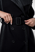 Black Wool Trench Coat with Leather Lapels & Belt – Luxury Tailored Coat