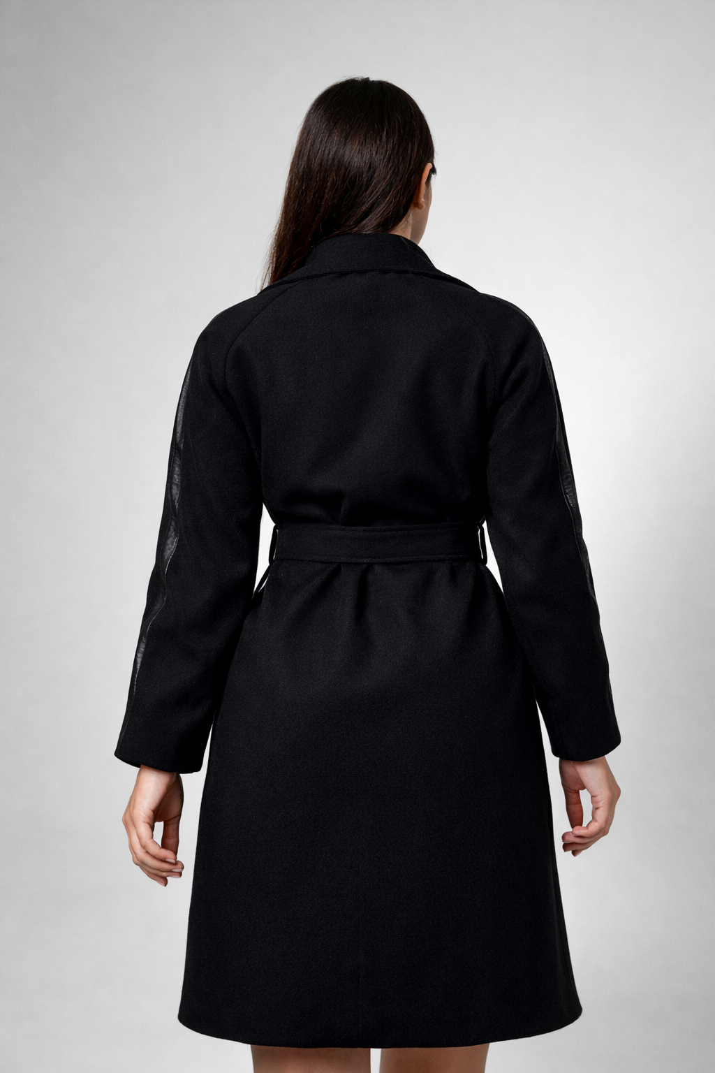 Black Wool Trench Coat with Leather Lapels & Belt – Luxury Tailored Coat