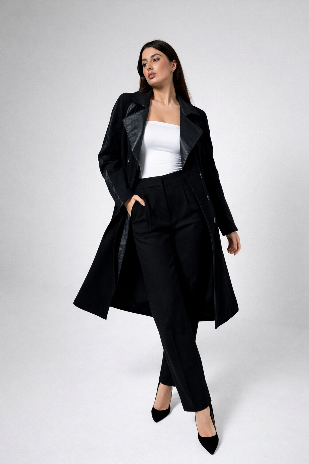 Black Wool Trench Coat with Leather Lapels & Belt – Luxury Tailored Coat
