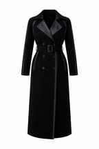 Black Wool Trench Coat with Leather Lapels & Belt – Luxury Tailored Coat