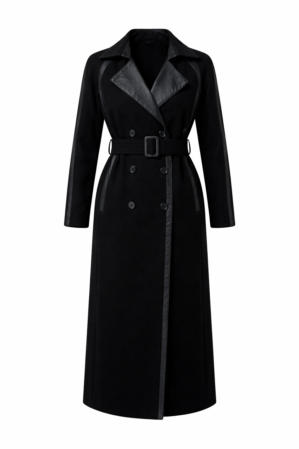 Black Wool Trench Coat with Leather Lapels & Belt – Luxury Tailored Coat