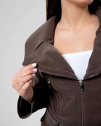 Brown Belted Biker Jacket – Structured Moto Leather Jacket for Women