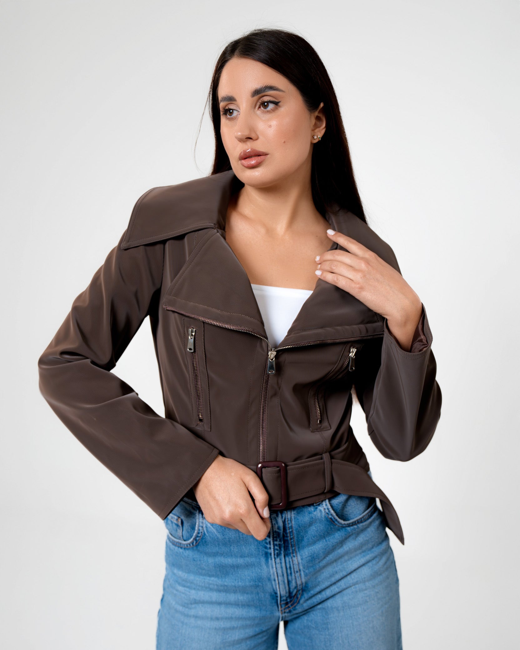 Brown Belted Biker Jacket – Structured Moto Leather Jacket for Women