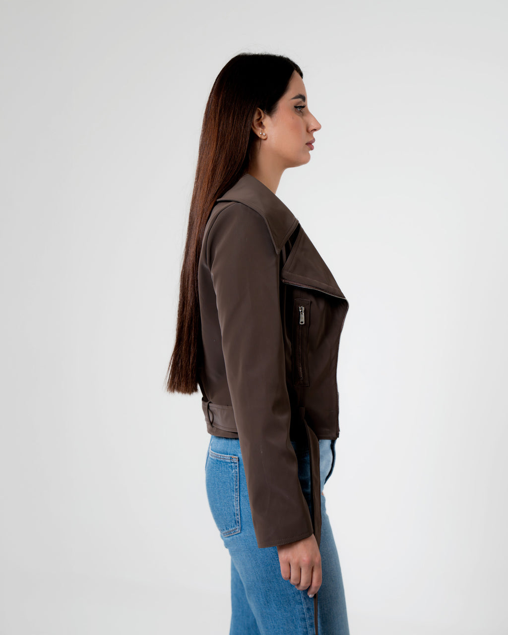 Brown Belted Biker Jacket – Structured Moto Leather Jacket for Women