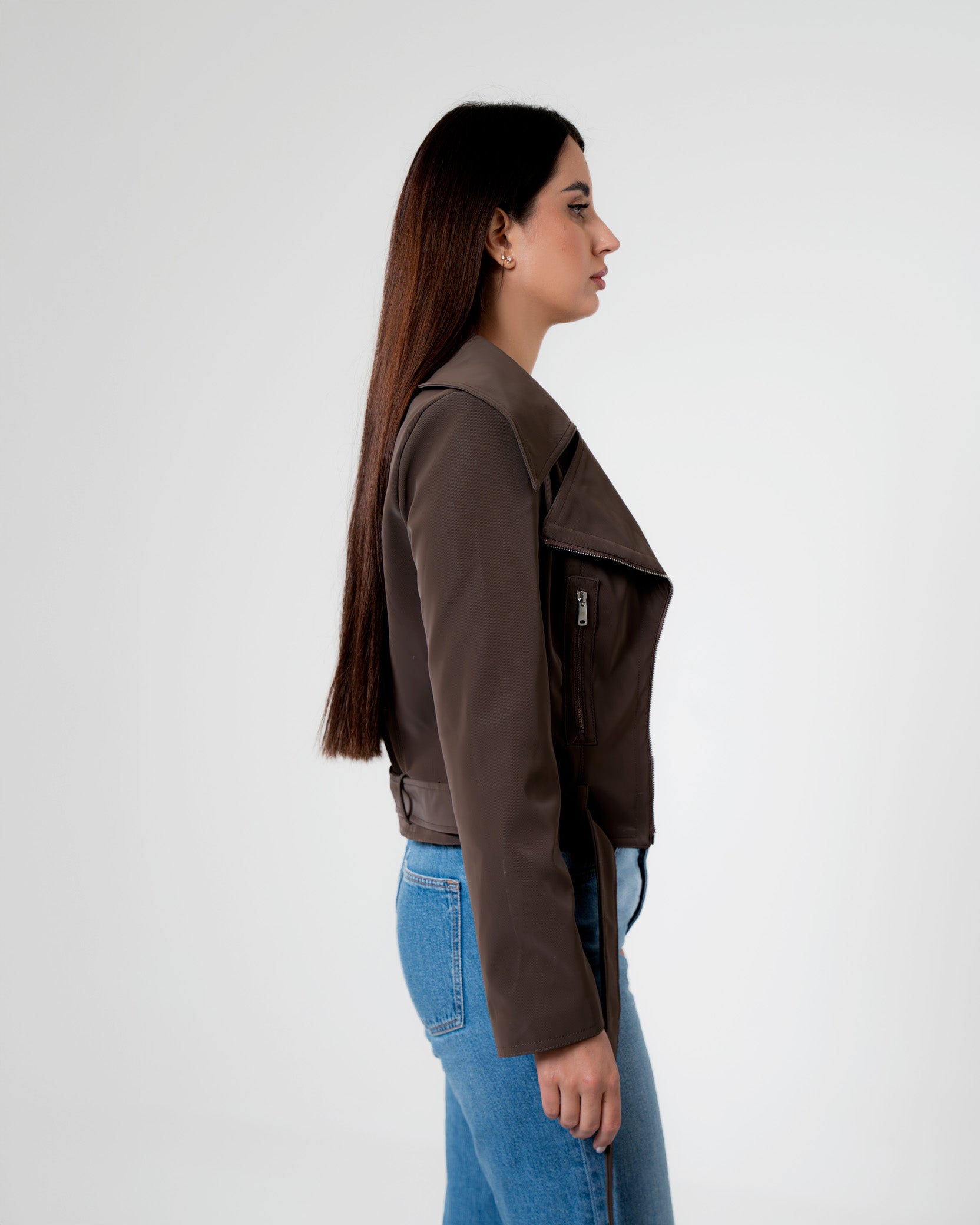 Brown Belted Biker Jacket – Structured Moto Leather Jacket for Women