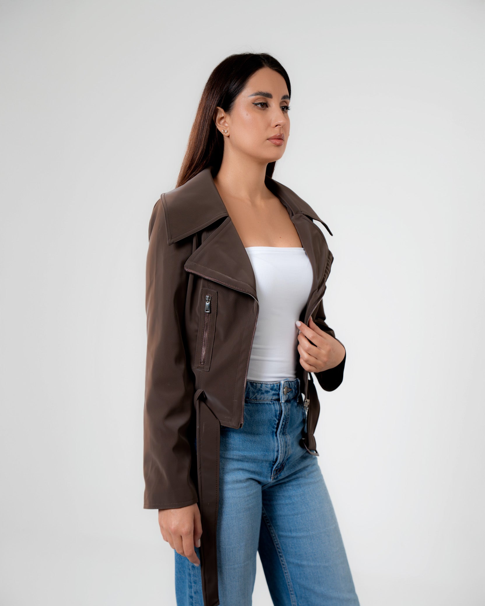 Brown Belted Biker Jacket – Structured Moto Leather Jacket for Women