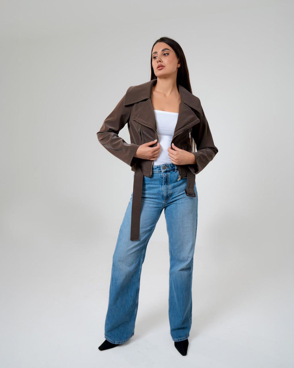 Brown Belted Biker Jacket – Structured Moto Leather Jacket for Women