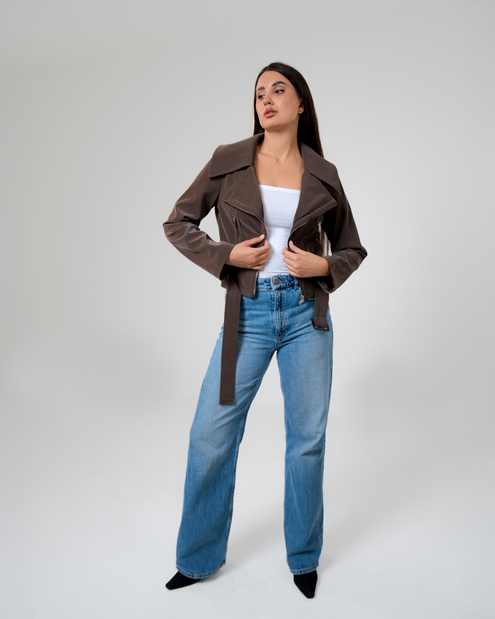 Brown Belted Biker Jacket – Structured Moto Leather Jacket for Women