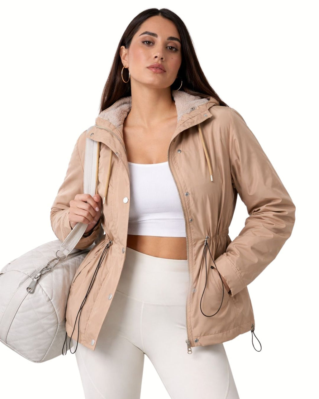 Women’s Waterproof Hooded Jacket – Lightweight Gold Windbreaker with Adjustable Waist
