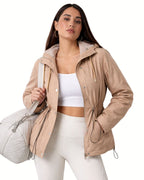 Women’s Waterproof Hooded Jacket – Lightweight Gold Windbreaker with Adjustable Waist