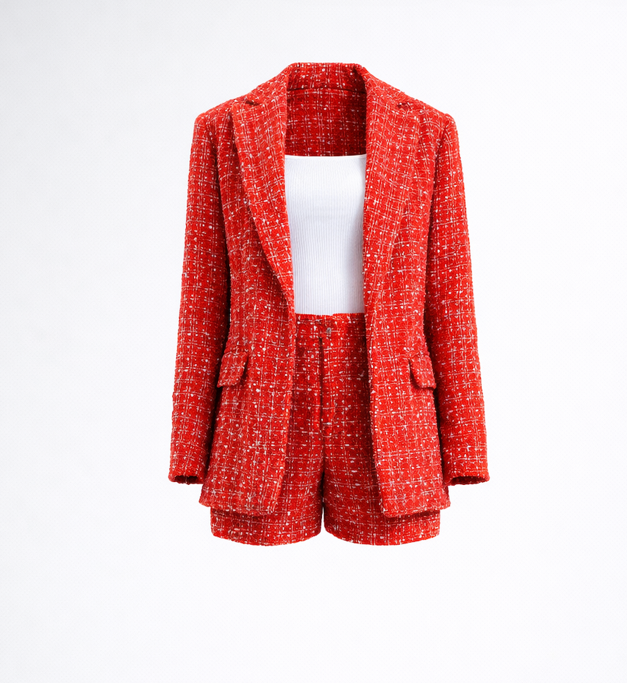 Red Tweed Blazer & Shorts – Luxury Women's Tailored Tweed Suit